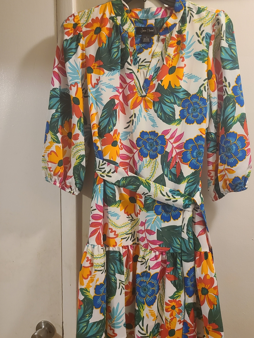 Jessica Howard White Floral Midi Dress with Blue, Yellow & Green Print